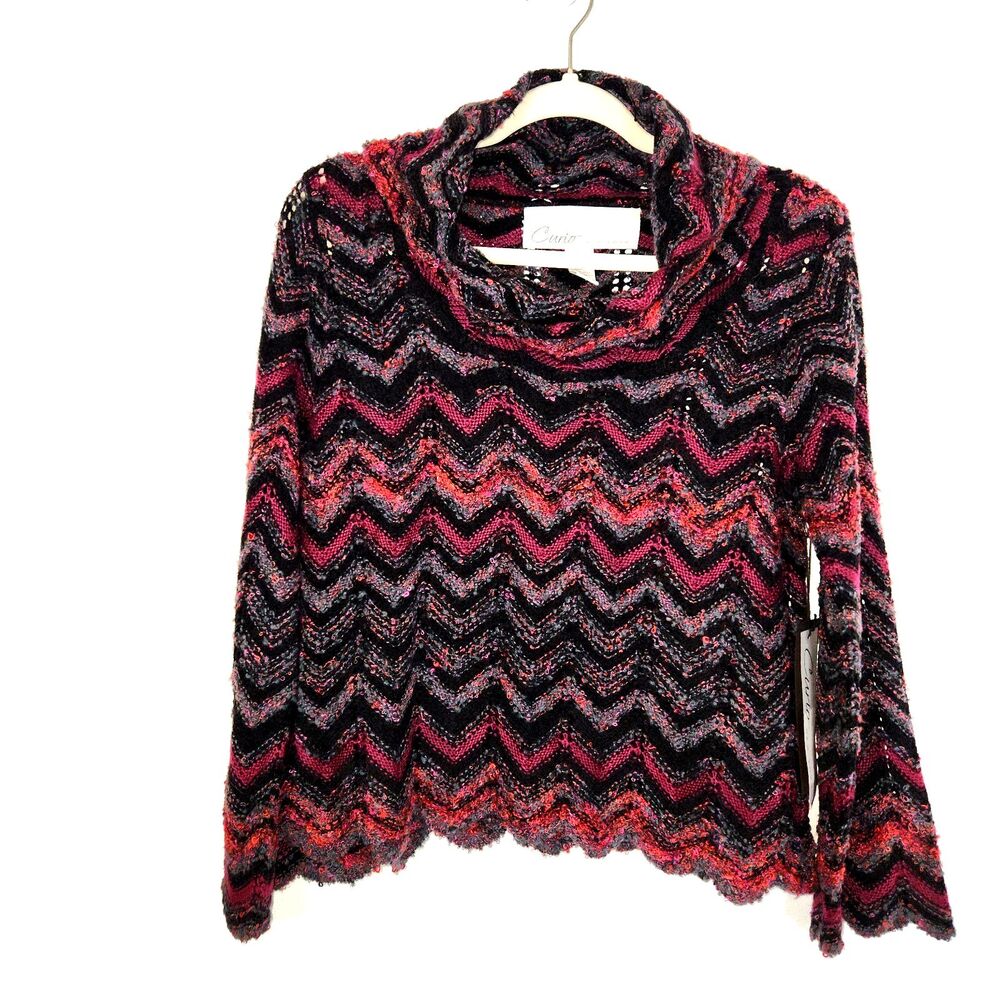 Curio Purple Chevron Open Knit Cowl Neck Sweater LARGE Retail $149 NWT